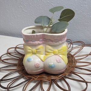 Vintage Ceramic Baby Bootie Planter Baby Shower Pastel Colored Teddy Bear Floral